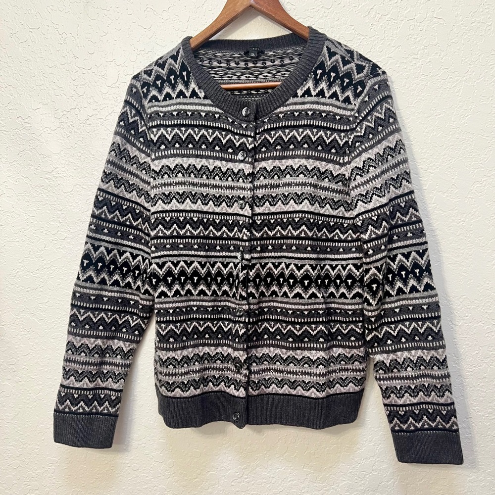 Talbots Womens Fair Isle Cardigan Sweater XL Gray Black Beaded Cozy Nordic